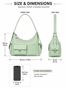 Detailed size chart of the green minimalist multi-pocket shoulder bag, showing 30x12x20cm dimensions.