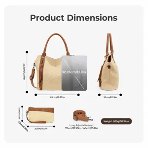Detailed product dimensions chart of the straw woven tote bag, shoulder bag, and clutch set.