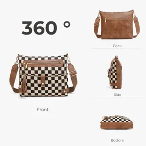 Women's checkerboard crossbody bag with brown trim, stylish shoulder bag with tassel.