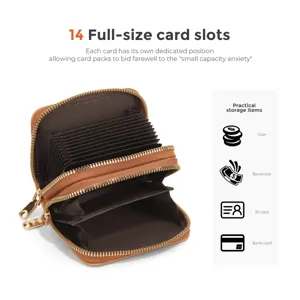 Brown multi-slot accordion card wallet with dual zippers for cards, coins and cash.