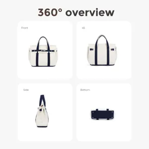 Small contrast color canvas tote bag multi-angle detail view casual handbag with strap.
