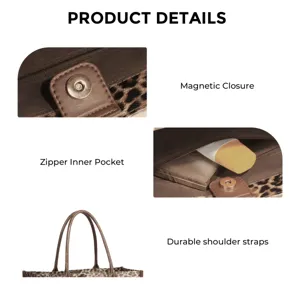 Leopard print PVC tote bag with magnetic closure, zipper inner pocket and durable shoulder straps.