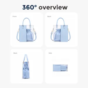 Clear PVC tote bag multi-angle detail view showing transparent material and inner pouch.