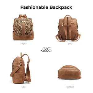 Women fashion leopard print backpack casual PU leather school bookbag travel daypack