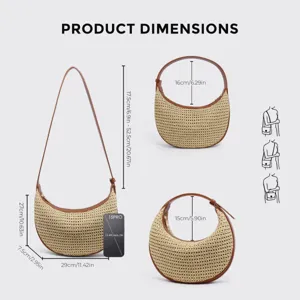 Detailed dimensions and multi-angle views of the straw woven crescent shoulder bag.
