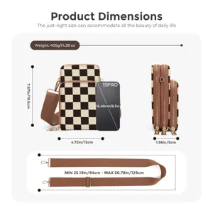Checkerboard crossbody phone bag with multi-layer zipper and adjustable wide shoulder strap.