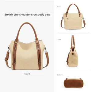 Details of stylish straw woven shoulder bag with brown PU leather trim and multi-angle view.
