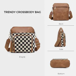 Sac à bandoulière à carreaux tendance pour femme, design chic en cuir PU marron et noir.