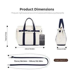 Canvas handbag dimension details showing compact size, adjustable strap, and lightweight design.