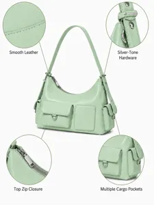 Detailed view of the mint green PU leather shoulder bag featuring smooth texture and cargo pockets.