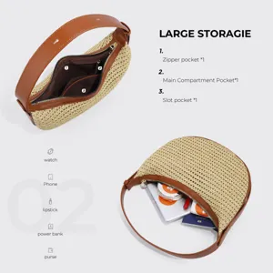 Straw crescent shoulder bag with brown leather trim and spacious interior storage.