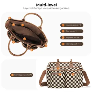 Grand sac cabas a carreaux avec multiples poches zipees et aimantees pour les femmes.