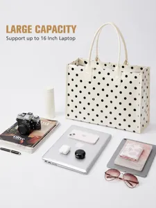 Large capacity polka dot tote bag detail view, fits up to 16 inch laptop perfectly.