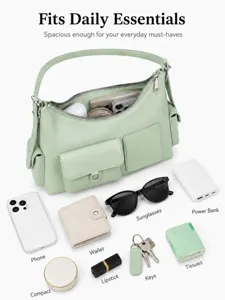 Classic light green PU leather shoulder bag with multi-pocket design, perfect for daily use.