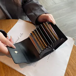 Compact black accordion card holder featuring multiple card slots and a secure metal snap closure.