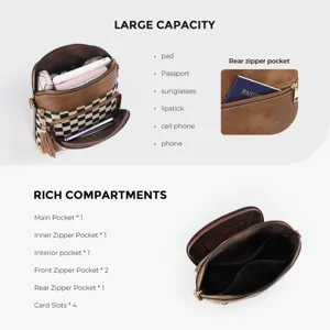 Vue detaillee montrant la grande capacite et les compartiments du sac a bandouliere a carreaux.