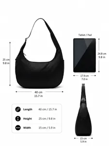 Size chart and dimension guide for black nylon dumpling shoulder cross body bag.