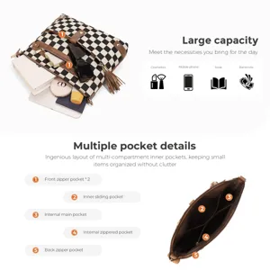 Checkerboard tote bag for women large capacity shoulder crossbody bag with multi pockets