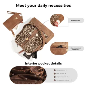 Stylish brown leopard print backpack set with multi pockets, casual travel daypack for women.