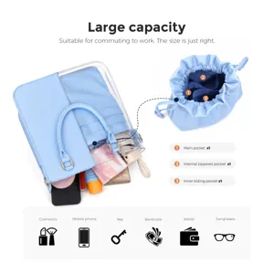 Clear PVC tote bag with light blue PU leather drawstring inner pouch for daily commuting work.