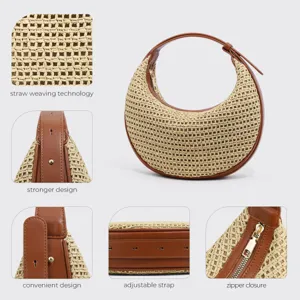 Straw crescent shoulder bag for women, stylish woven hobo purse with adjustable strap zipper.