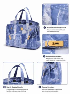 Vue détaillée du sac cabas en denim patchwork délavé avec quincaillerie dorée claire et poignées.