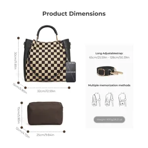 Detailed dimension graphic showing checkered handbag, strap length, and multiple carry methods.