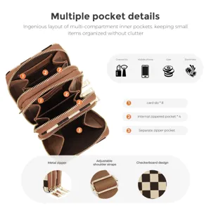 Detailed close-up showing multi-compartment interior pockets and metal zipper of the phone bag.