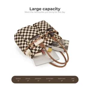 Grand cabas damier femme sac a main epaule elegant en cuir pu decontracte mode style