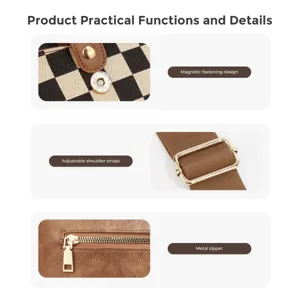 Versatile checkerboard pattern crossbody bag with adjustable straps and secure magnetic closure.