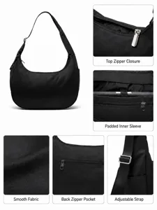 Detail view of black nylon hobo crossbody bag showing smooth fabric and top zipper.