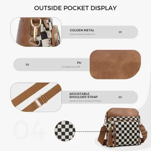 Élégant Sac Bandoulière à Carreaux pour Femme PU Cuir Sac à Main Casual Messenger Bag