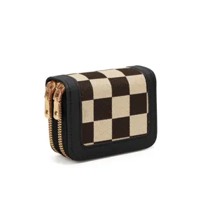 Close-up view of checkered contrast coin purse, showing double gold zippers and card slots.