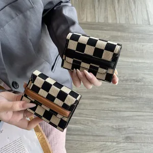Checkerboard card holder small wallet mini credit card case slim minimalist pocket design.