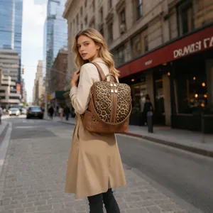 Stylish women backpack featuring a trendy leopard print front panel and brown leather trim.