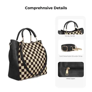 Detailed view of fashion checkerboard handbag featuring sturdy handle and adjustable strap.