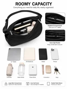 Large capacity nylon crossbody bag with adjustable strap, multiple compartments for daily travel.