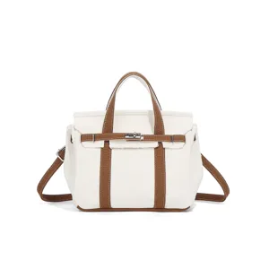Canvas handbag detail, contrast color mini tote with adjustable strap and metal lock.