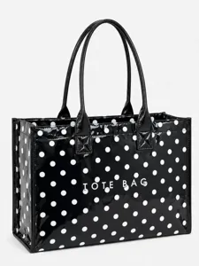 Black and white polka dot patent leather tote bag, large capacity stylish shoulder handbag.