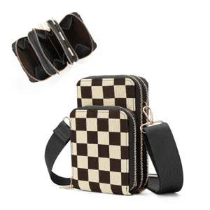 Checkerboard crossbody phone bag with multi-layer zipper compartments and adjustable strap.