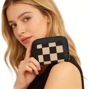 Women checkerboard bifold wallet compact zipper coin purse stylish card holder fashion accessory
