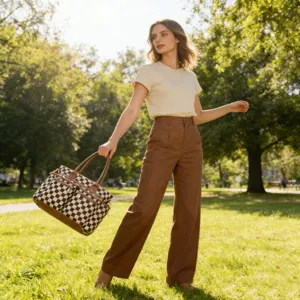 Détail de la scène en plein air montrant un sac fourre-tout à carreaux avec bordure en cuir.