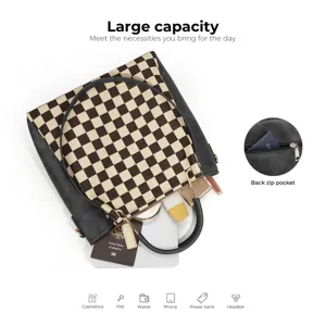 Large capacity black and white checkerboard handbag, stylish shoulder bag for daily use.