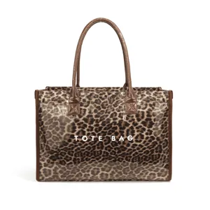 Leopard Print PVC Tote Bag Large Capacity Clear Shoulder Bag with Double Handles for Women