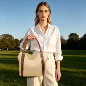 Stylish straw tote bag with brown handles and zipper details, perfect for summer commute.