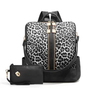 Black and white leopard print backpack detail showcasing double zippers and matching wristlet.