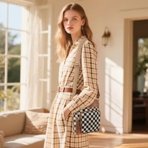 Sac à bandoulière chic pour femme motif damier style sac photo avec sangle et pompon.