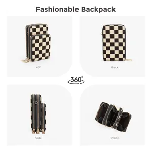 Fashionable black and white checkerboard multi-zipper crossbody phone bag for women.