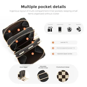 Detail view showing multi-compartment interior, card slots, and adjustable shoulder strap.