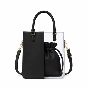 Clear PVC tote bag with black PU leather drawstring inner pouch, chic shoulder crossbody bag.